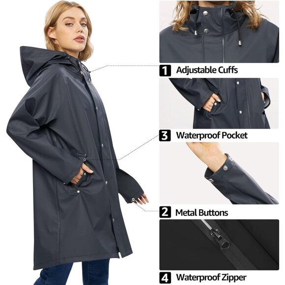 Women’s Upgrade Black Waterproof Rain Jackets Hooded Long Raincoat & Windbreaker - Picture 4 of 5
